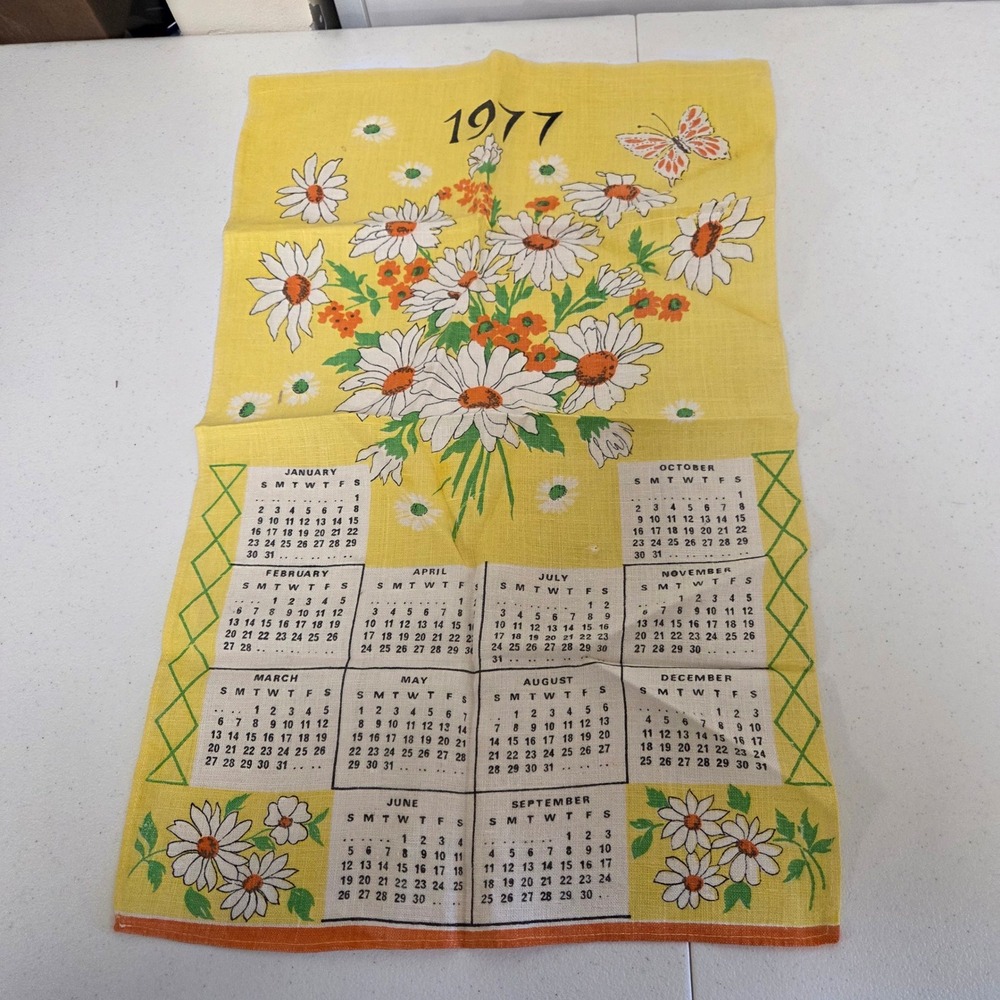 Vintage 1977 Calendar Tea Towel Yellow Daisy Butterfly Floral Linen 26x16